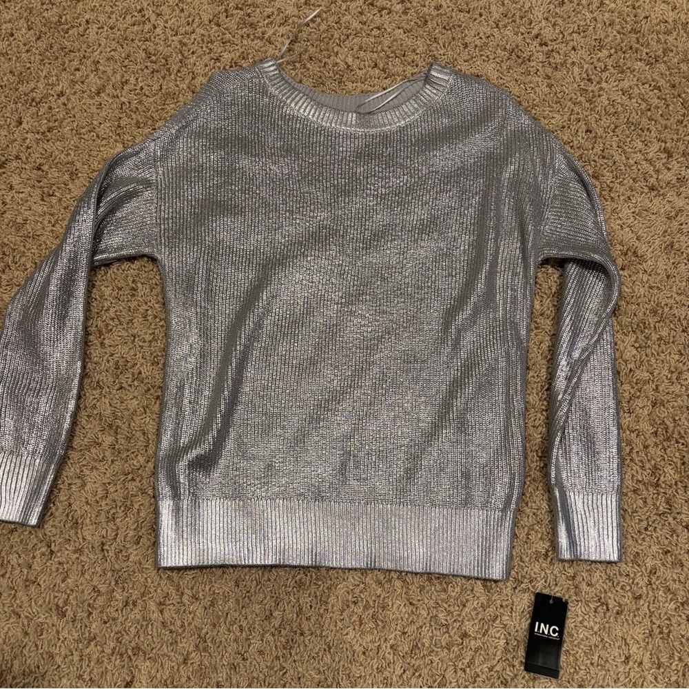 INC International Concepts Women's Metallic Silver Sweater